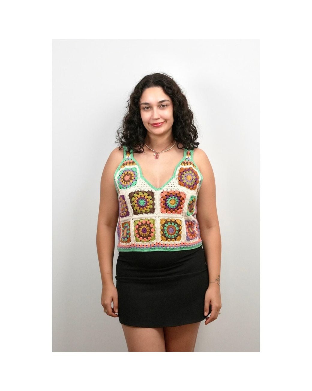 Ana Chic Red Sunburst Granny Square Handmade Crochet Crop Top