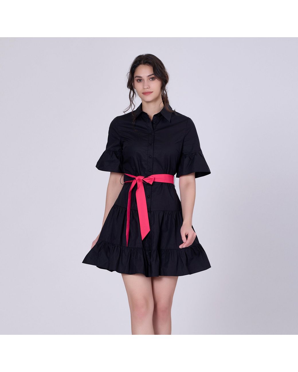Smart and Joy Black Skater Cotton Ruffle Dress