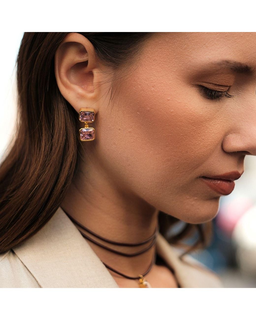 LINYA JEWELLERY Pink Double Crystal Stone Dangle Earrings