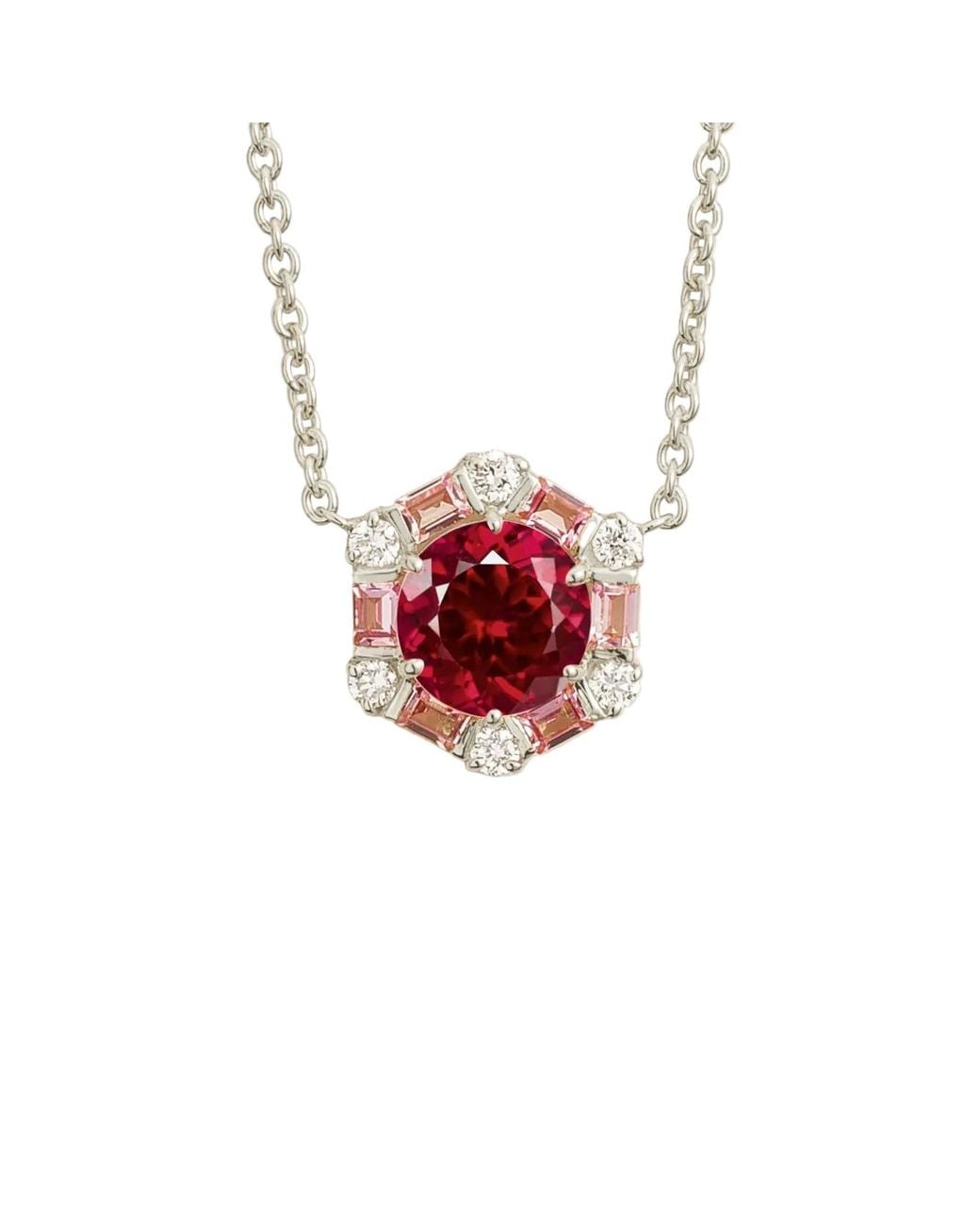 Juvetti Red Melba Ruby, Sapphire & Diamond Halo Hexagon Pendant Necklace