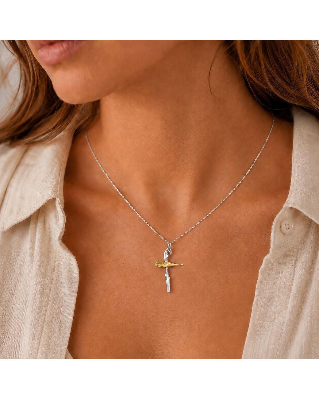 Mother Nature Jewelry Metallic Two-Tone Cross Necklace, & Leaf Pendant