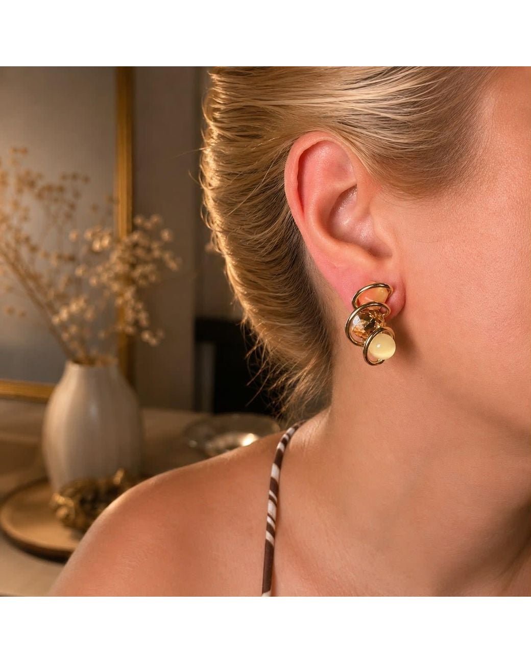 By Ozge Metallic Solar Harmony Amber & Ivory Plated Dangle Earrings