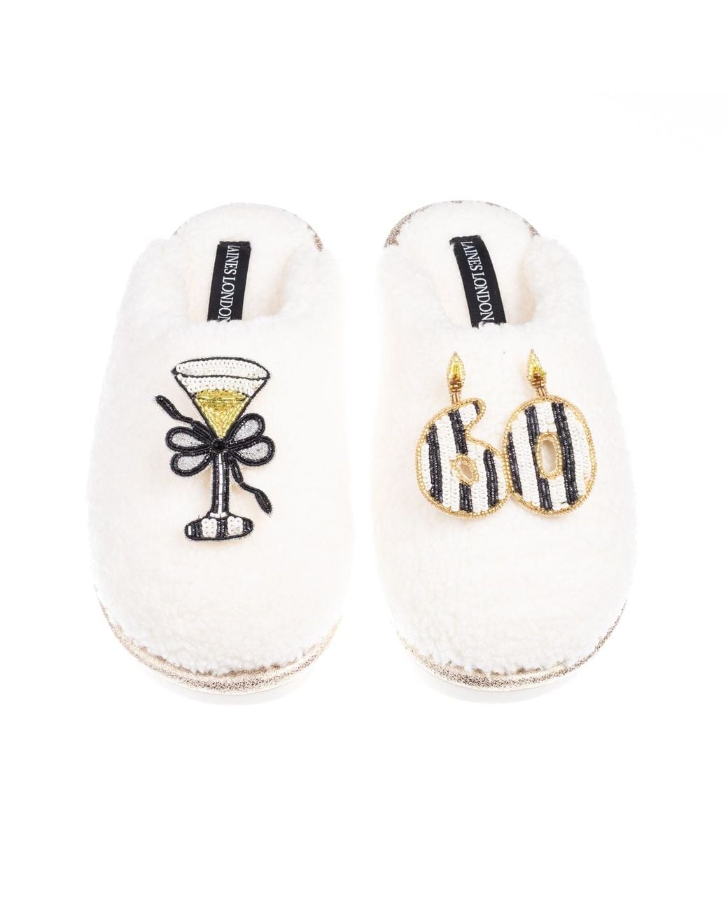 Laines London White Teddy Closed Toe Slippers With Stripe 60Th Birthday & Champagne Glass Brooches