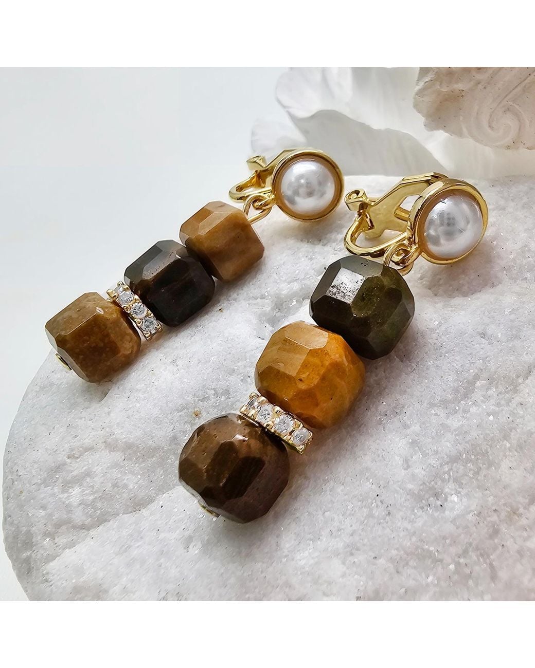 Farra Metallic Cube Tiger Eye Clip-On Earrings
