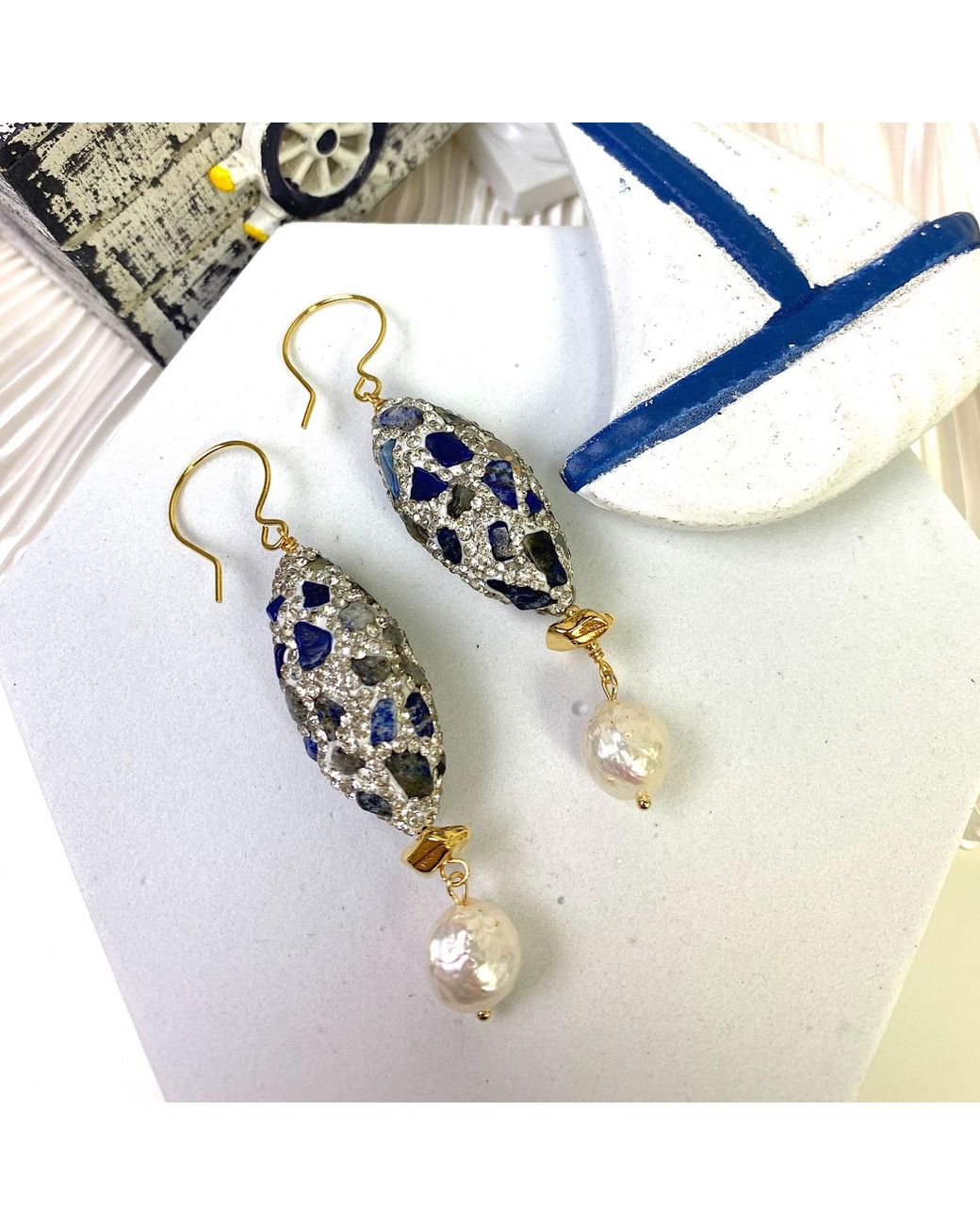 Farra Multicolor Rhinestones Bordered Lapis With Freshwater Pearls Dangle Earrings