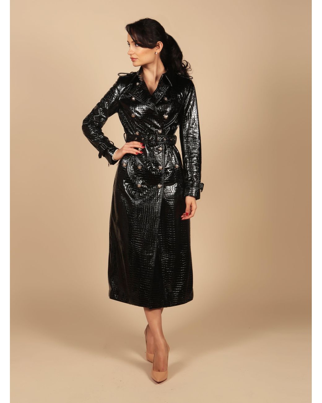Santinni Black Indiscreet Embossed Leather Trench Coat