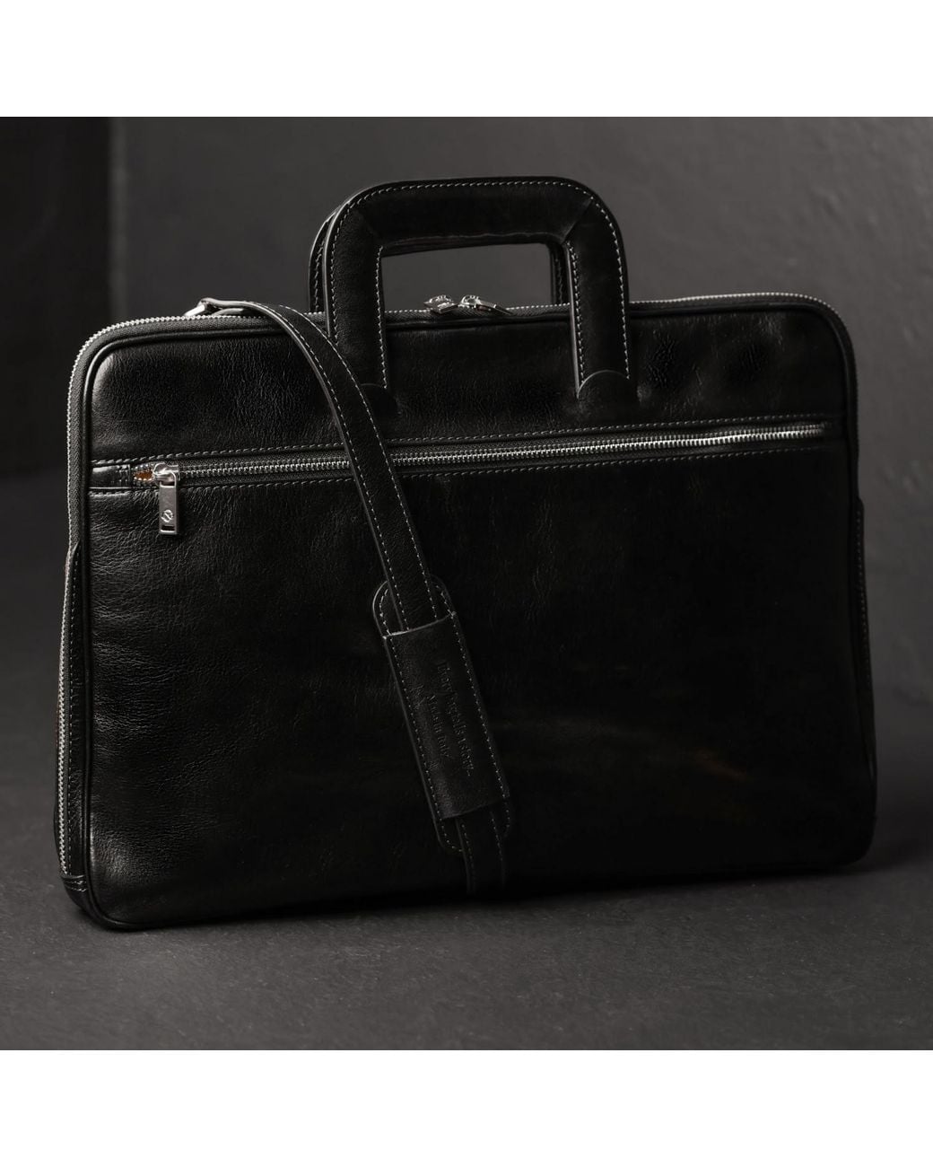 Time Resistance Black Leather Briefcase Laptop Bag for men