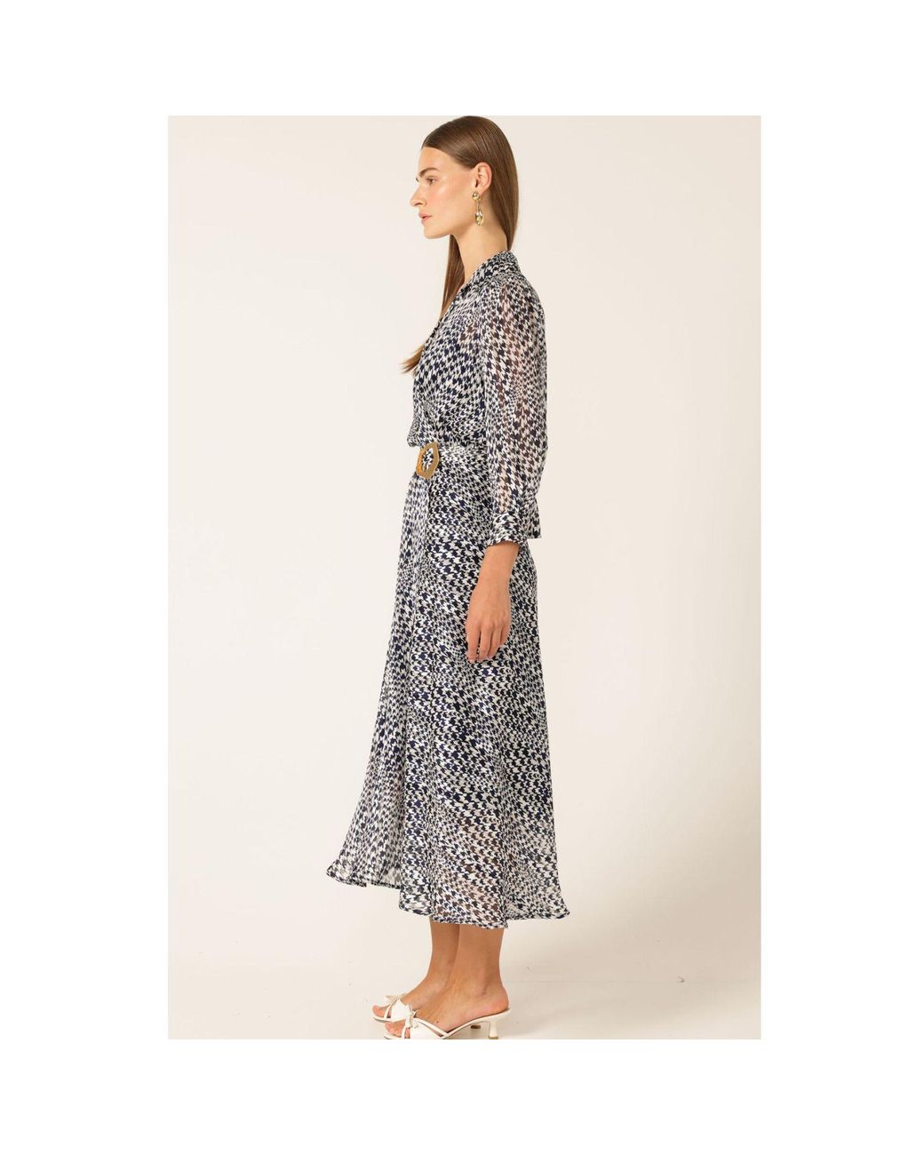 SACHA DRAKE Gray Herringbone Lurex Stripe Chiffon Midi Dress