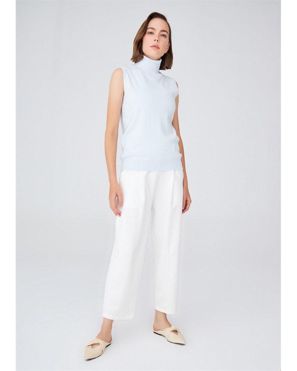 Peraluna Blue Slim Fit Sleeveless Turtle-Neck Blouse