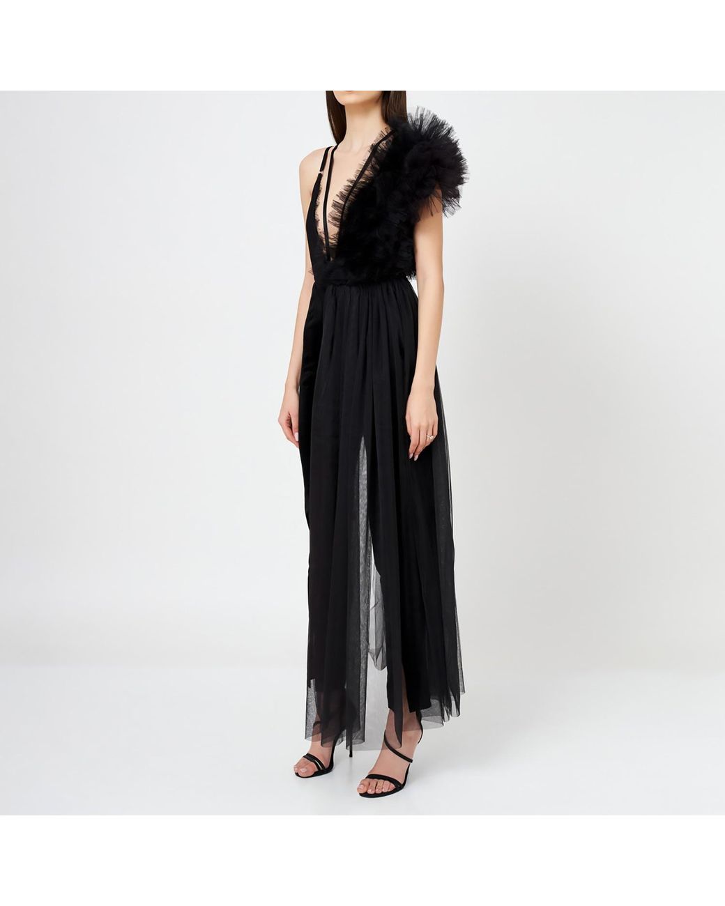 LIA ARAM Black Lace Deconstructed Ruffled Bodysuit