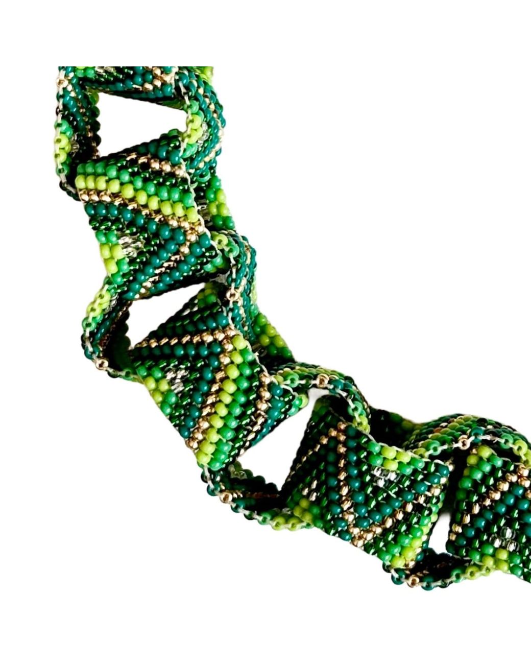 Iliana Arrazola Green Bold Chunky Link Necklace, Glass Beads, Beaded Jewelry