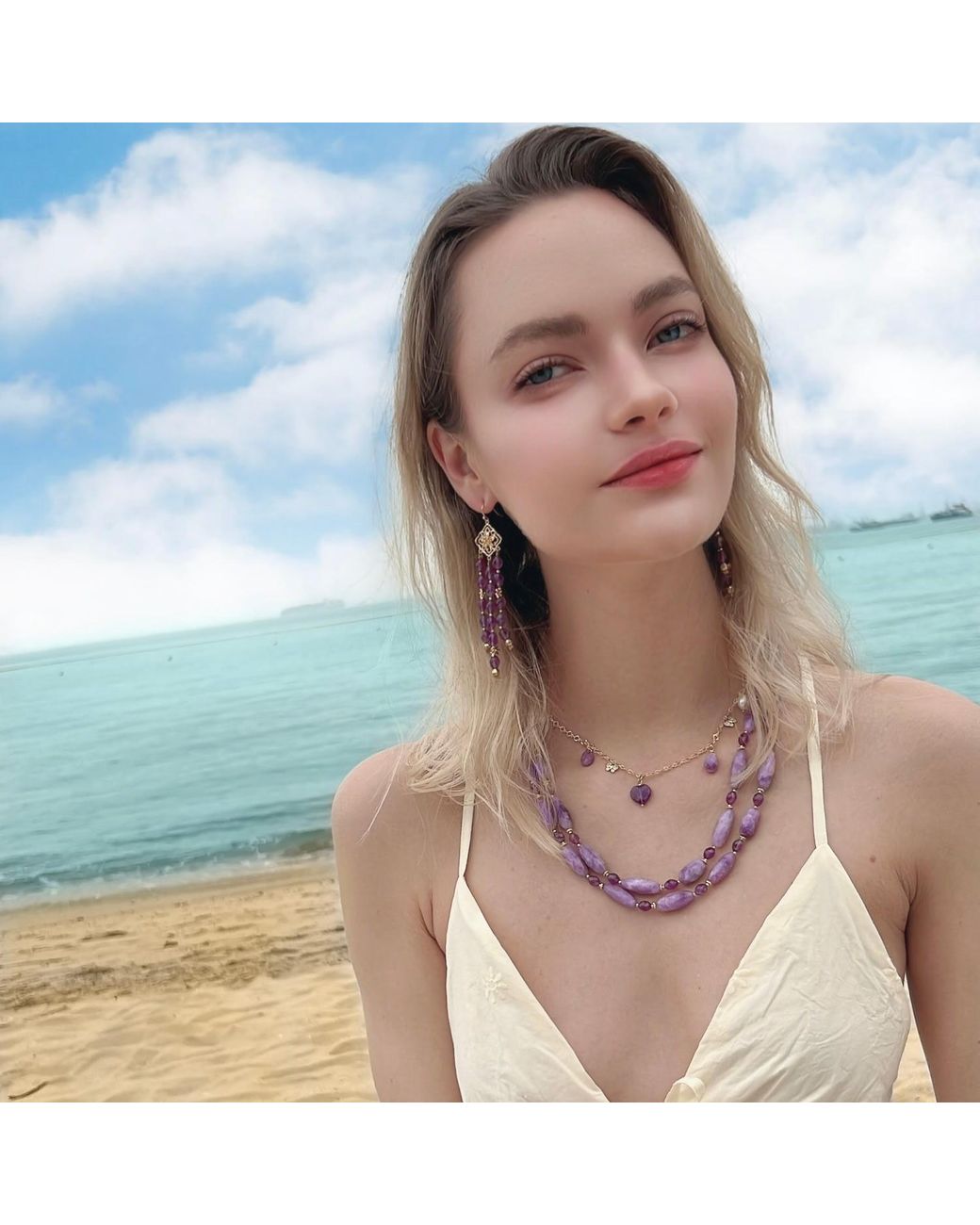 Farra Metallic Bohemian Amethyst Beaded Tassel Earrings