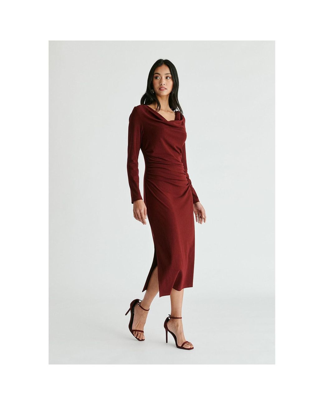 Paisie Red Ruched Jersey Dress With Draped Neck