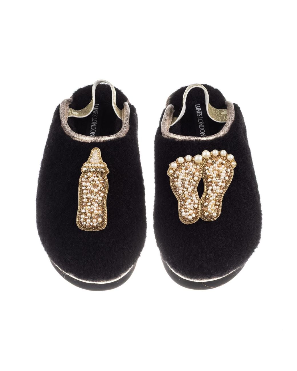 Laines London Black Flatform Cloud Closed Toe Slippers With New Baby Brooches