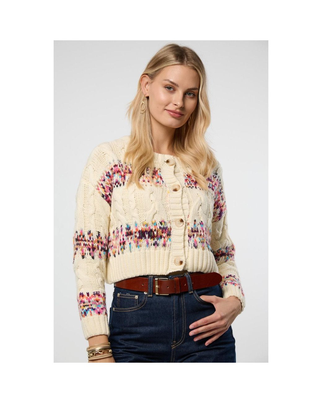 Saachi Pink Fair Isle Cable Knit Cardigan