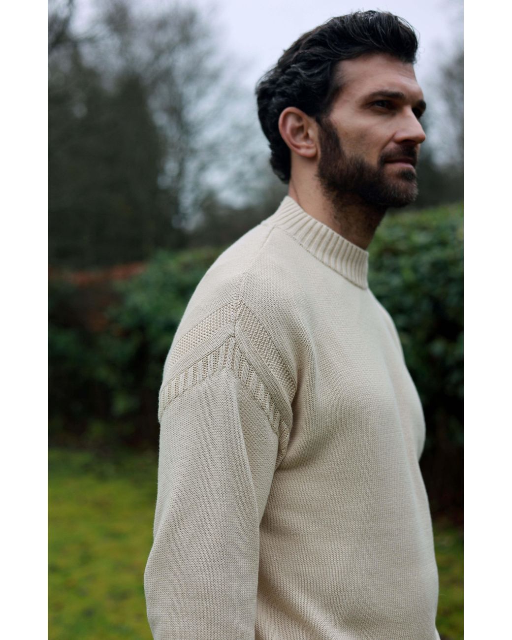 Paul James Knitwear Natural Neutrals Midweight Cotton Linen Sark Mock Neck Gansey Jumper for men
