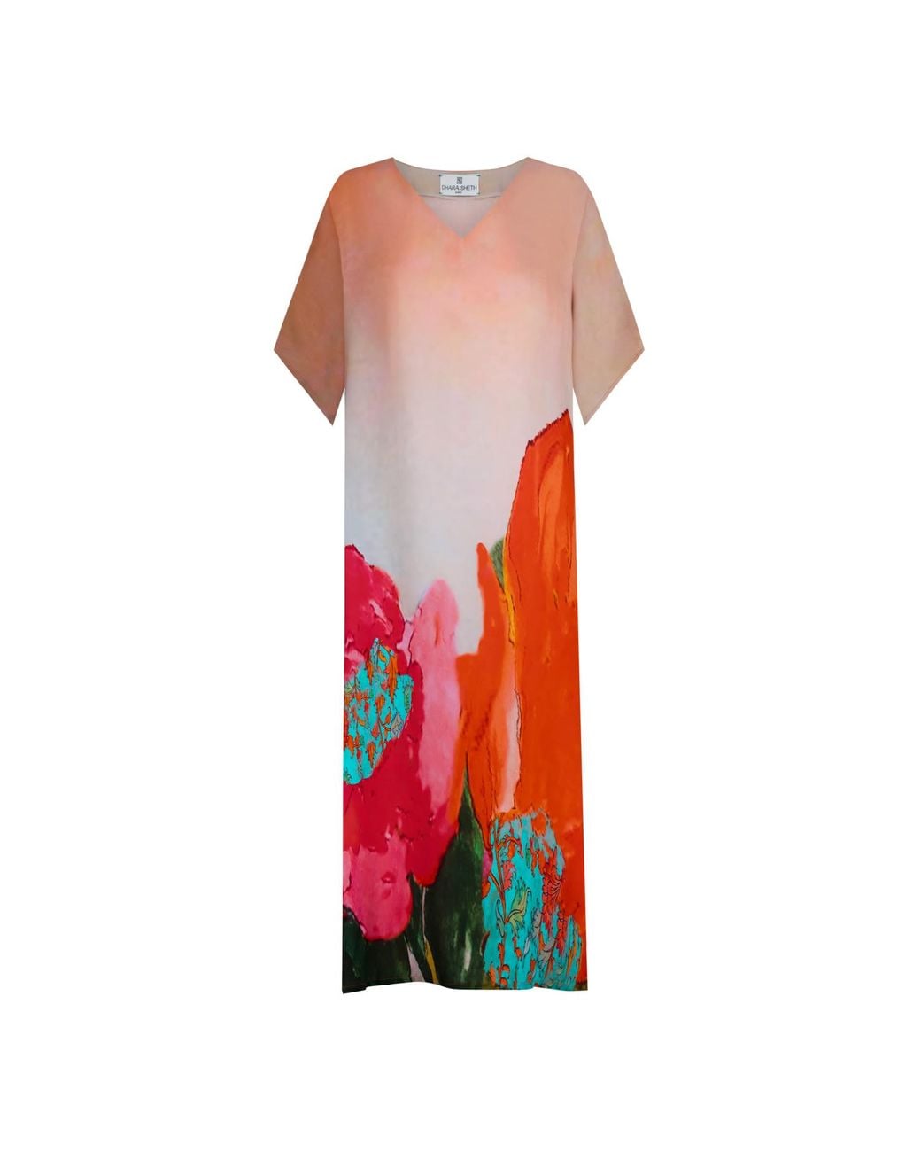 DHARA SHETH DUBAI Red Coral Mirage Floral Kaftan Maxi Dress With Side Slits