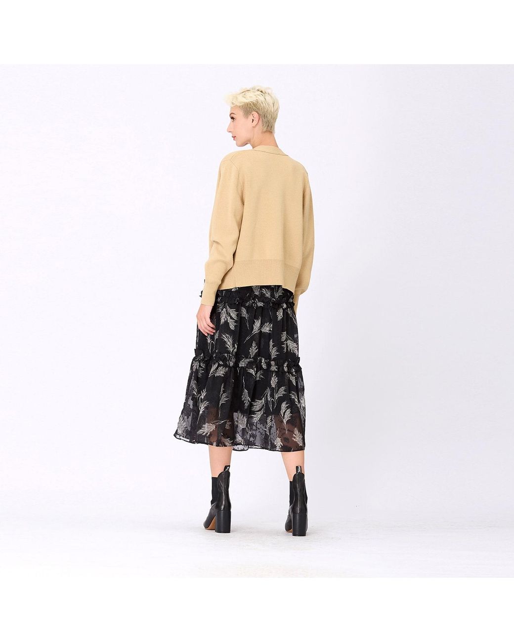Smart and Joy Black Tiered Panel Feather Print Skirt