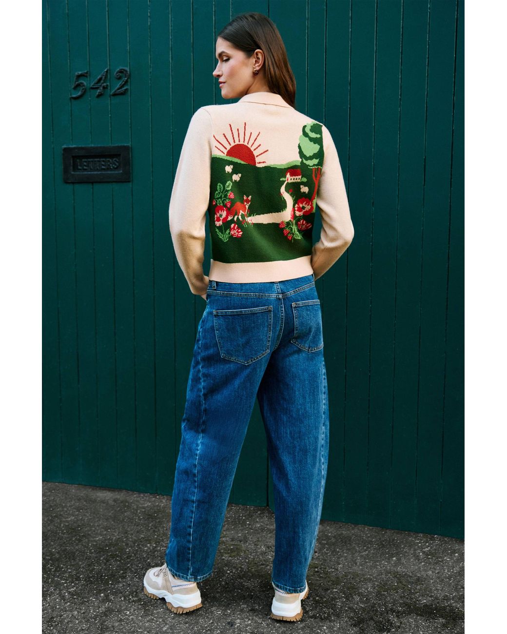 Yumi' Green Fox Scene Viscose Knitted Box Jacket