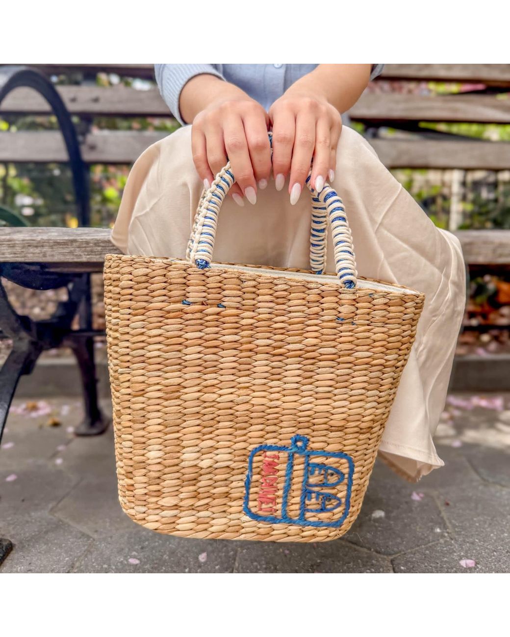 LIKHÂ Blue Neutrals Handwoven Seagrass Sardine Can Tote Bag With Tassels