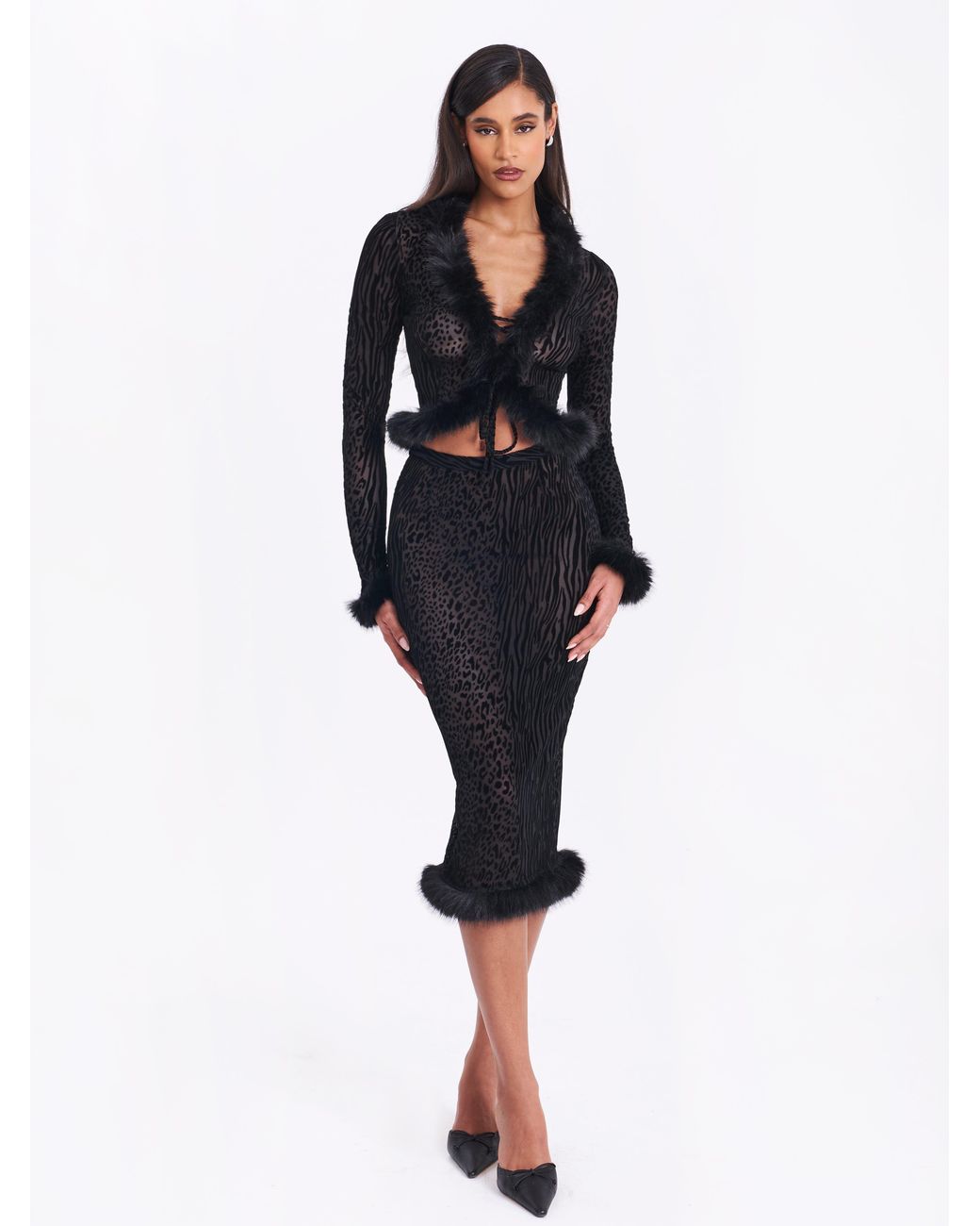Miss Circle New York Black Halia Animal Print Burnout Velvet Fur Trim Skirt