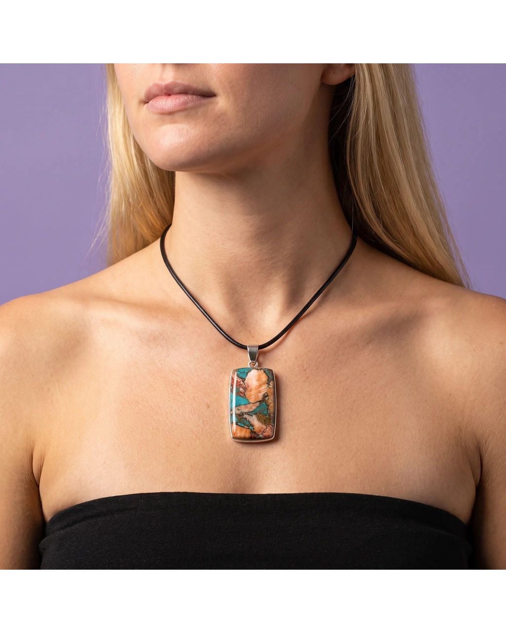 Saéa White Apricot And Coral Spiny Oyster Rectangle Pendant On Leather Cord