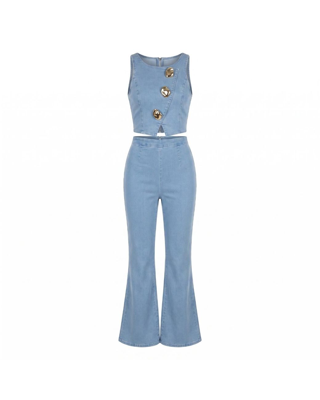 Modenaire Blue Tailored Denim Vest And Wide Leg Trouser Set