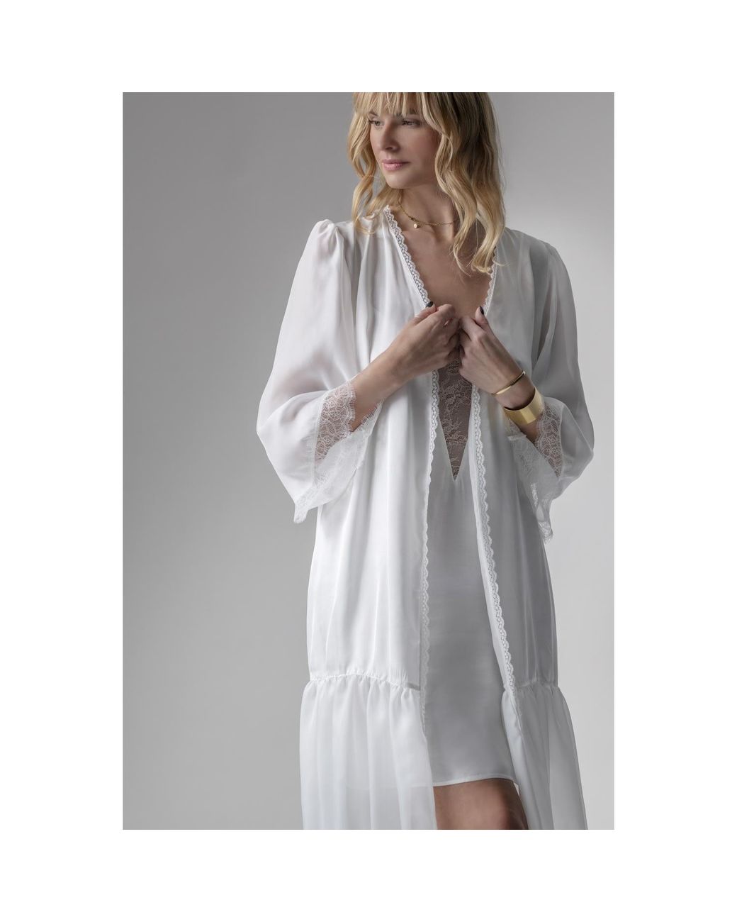 Oh!Zuza White Grace Satin Viscose Midi Robe Chiffon Lace Cream