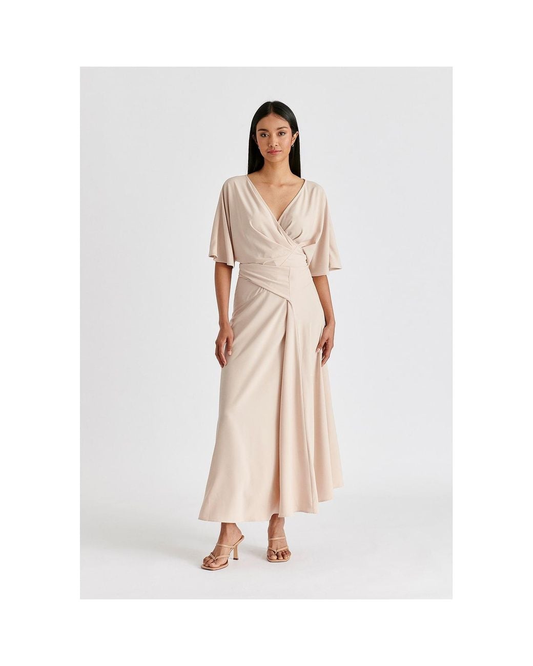 Paisie Natural Neutrals Flare Sleeves Maxi Wrap Dress
