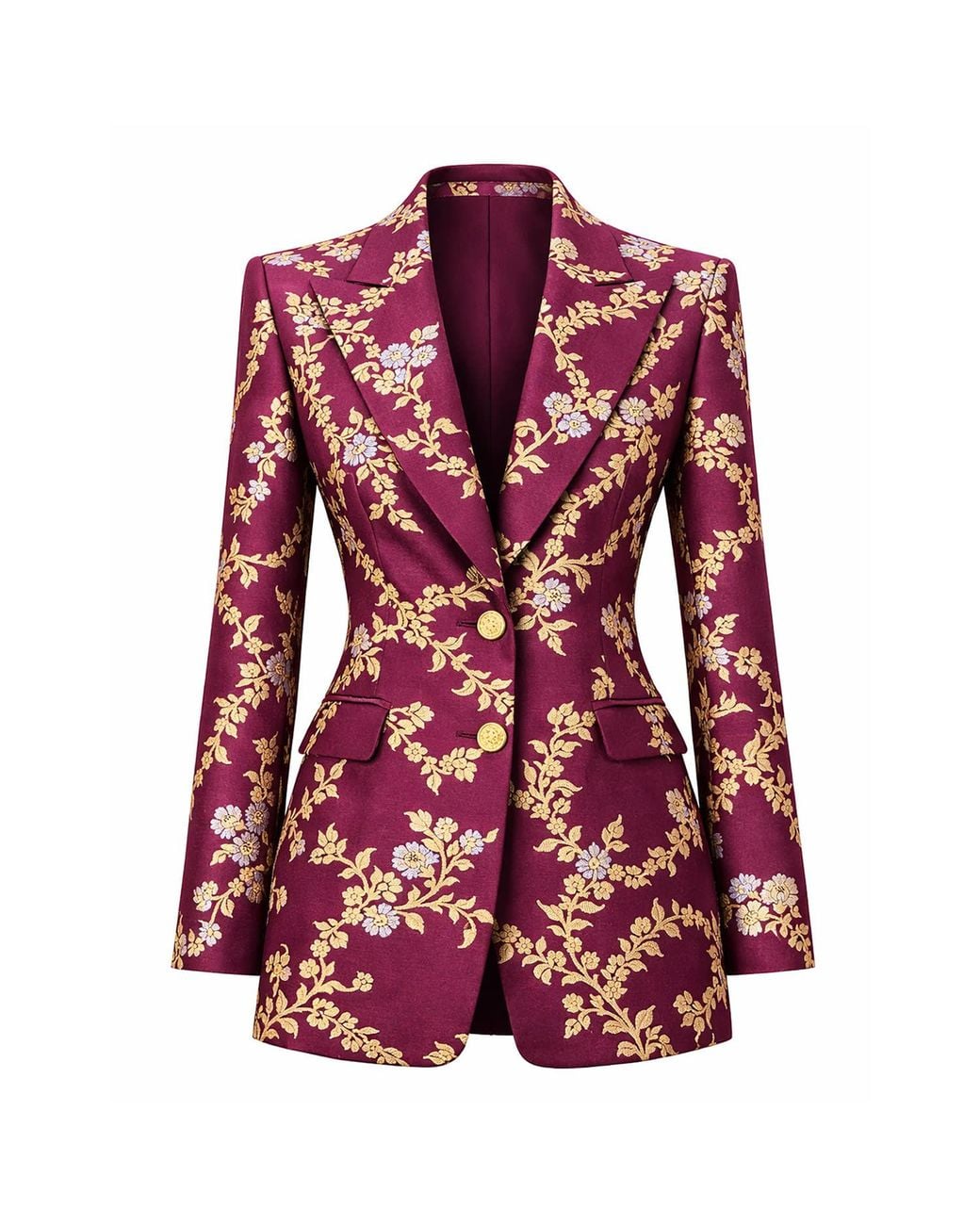 Richa Sharma Red Luxury Handcrafted Plum Hued Brocade Blazer With Floral Motifs
