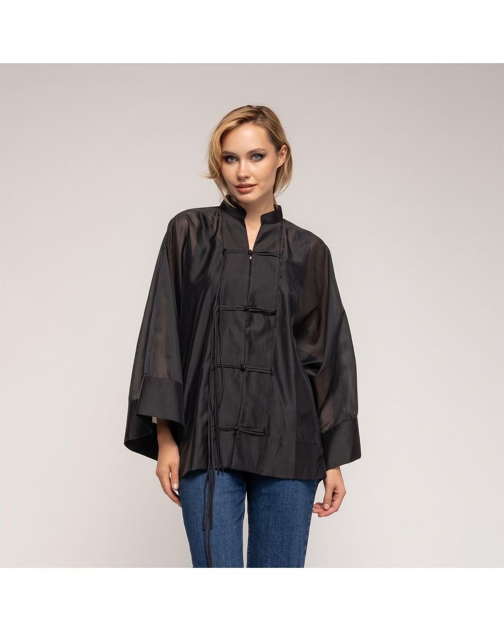 Tantra Spain Sl Black Oversized Shirt With A Japanese-Style Closure, Mandarin Collar