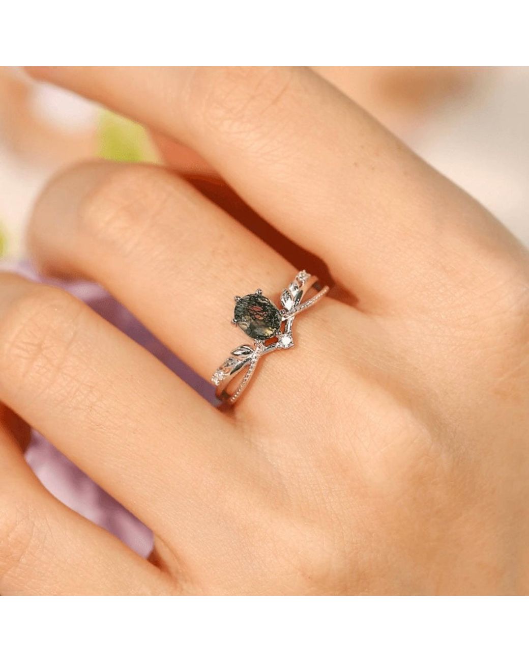Azura Jewelry New York Green Calla Lily Moss Agate Ring Vermeil
