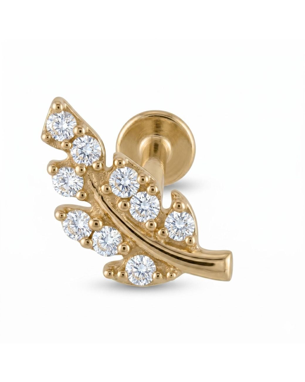 Zahav Jewelry Metallic 14K Solid 18G 8Mm Leaf Shaped Internally Threaded Flat Back Stud