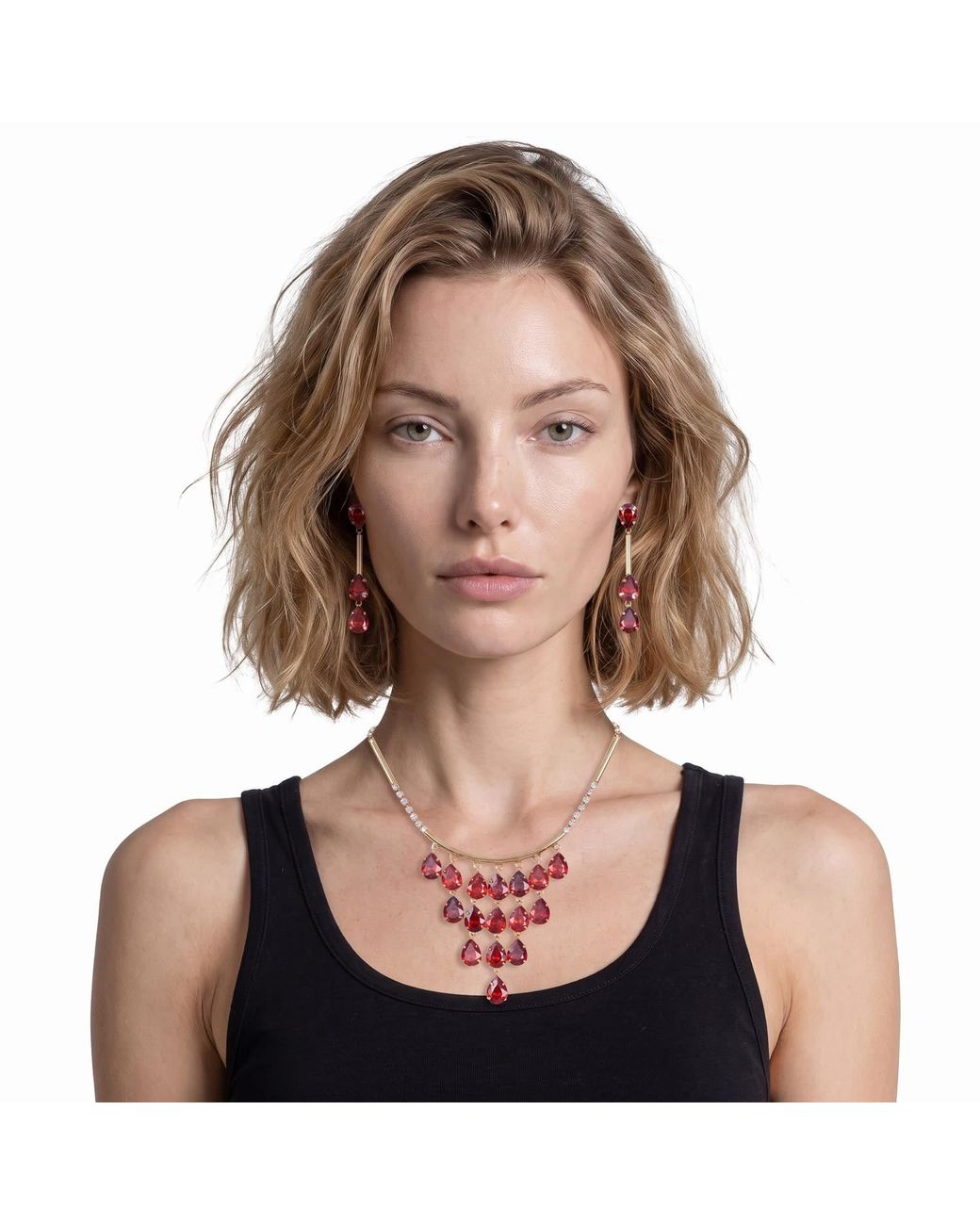 Modenaire Red Tone Apple Crystal Necklace And Earring Set