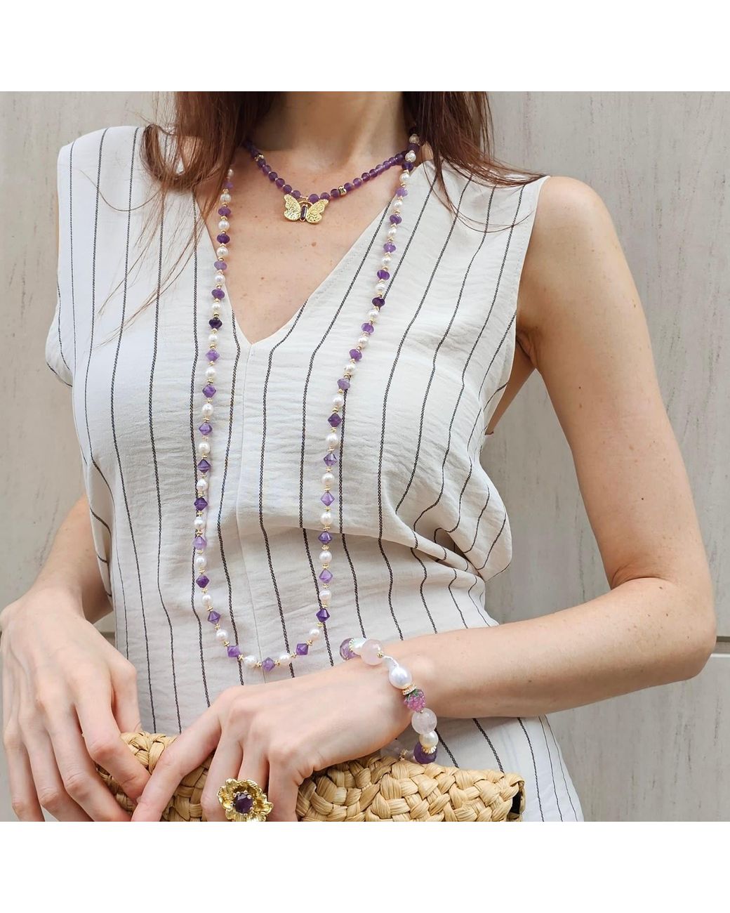 Farra Metallic Freshwater Pearls With Amethyst Long Versatile Necklace
