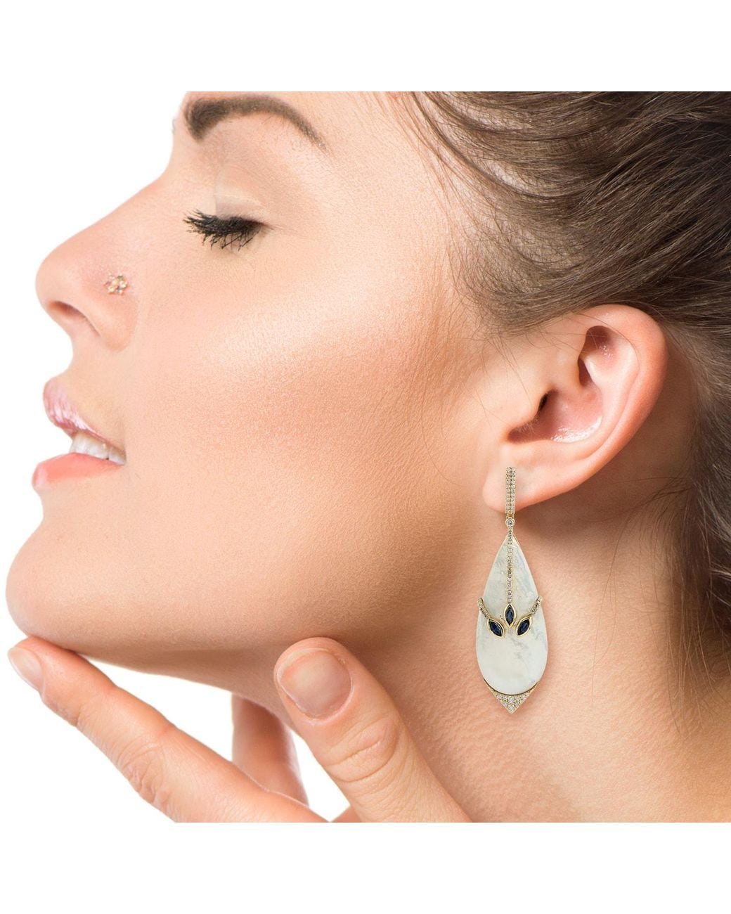 Artisan Metallic Natural Mother Of Pearl Sapphire Dangle Earrings 18k Yellow Gold Diamond