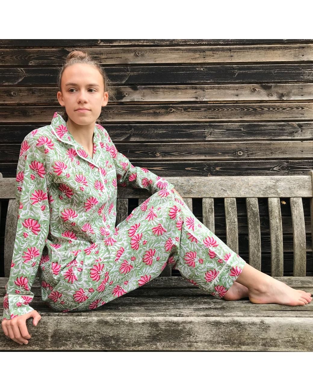Lime Tree Design Blue And Floral Cotton Block Printed Pyjamas