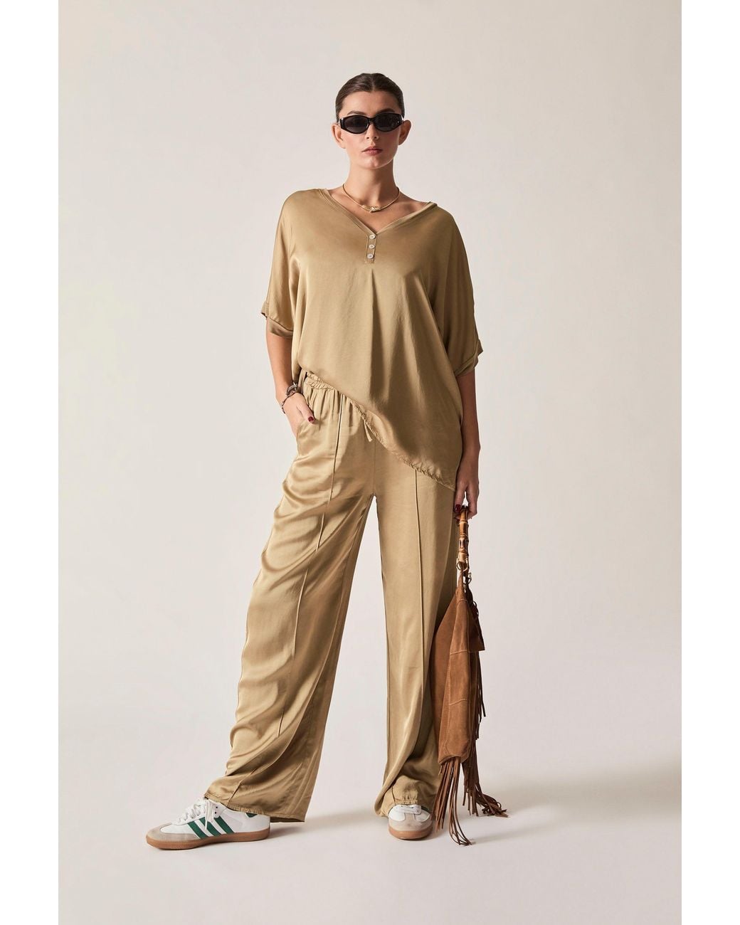 James Lakeland Natural Neutrals Camel Button Detail Relaxed Fit Top