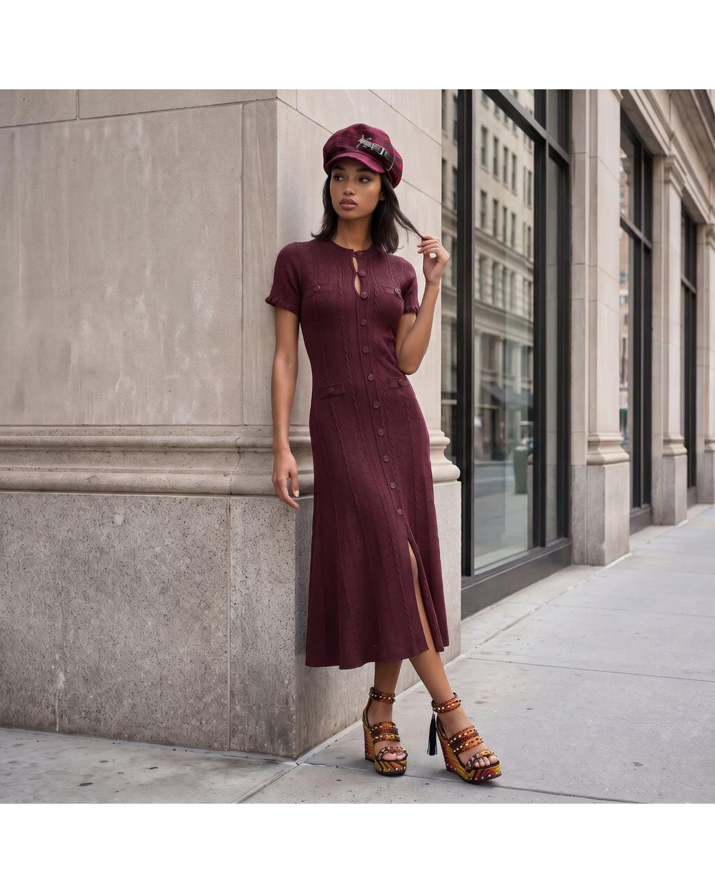 Modenaire Purple Textured Knit Midi Dress Clean Silhouette