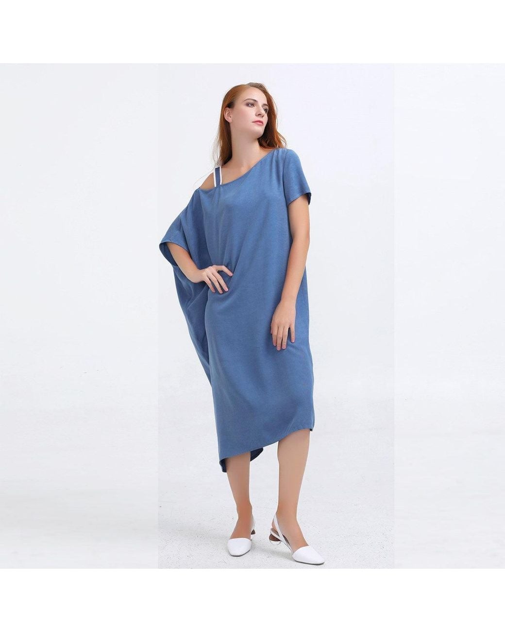 Smart and Joy Blue Asymmetrical Minimalist Cupro Fitted Dress