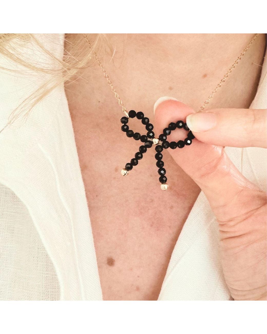 Herself Collections Black Spinel Bow Charm Necklace