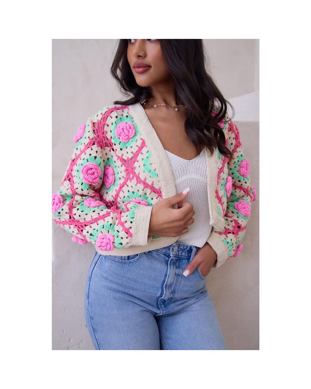 Saachi Pink Rosette Crochet Cardigan