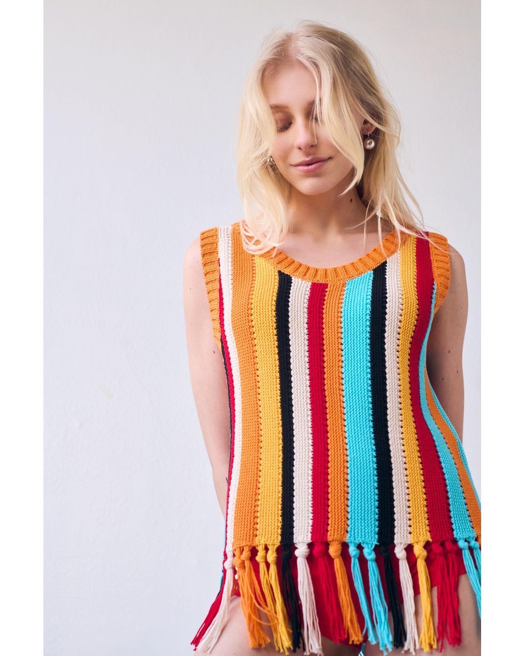 Gigi Knitwear Orange Naia Stripe Fringe Tanktop