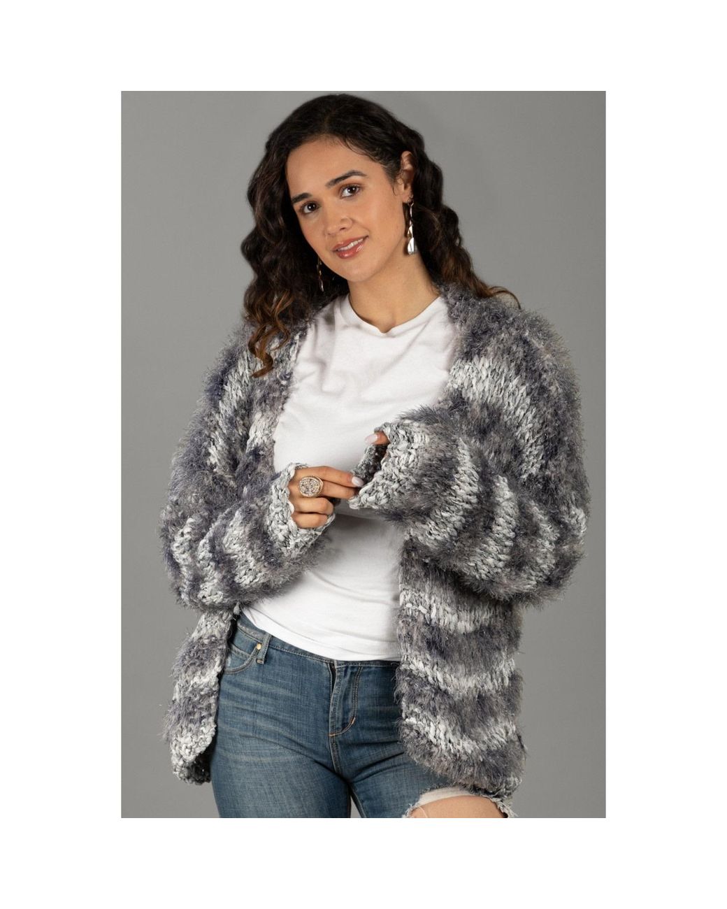 Saachi Gray Eyelash Hand Knit Cardigan
