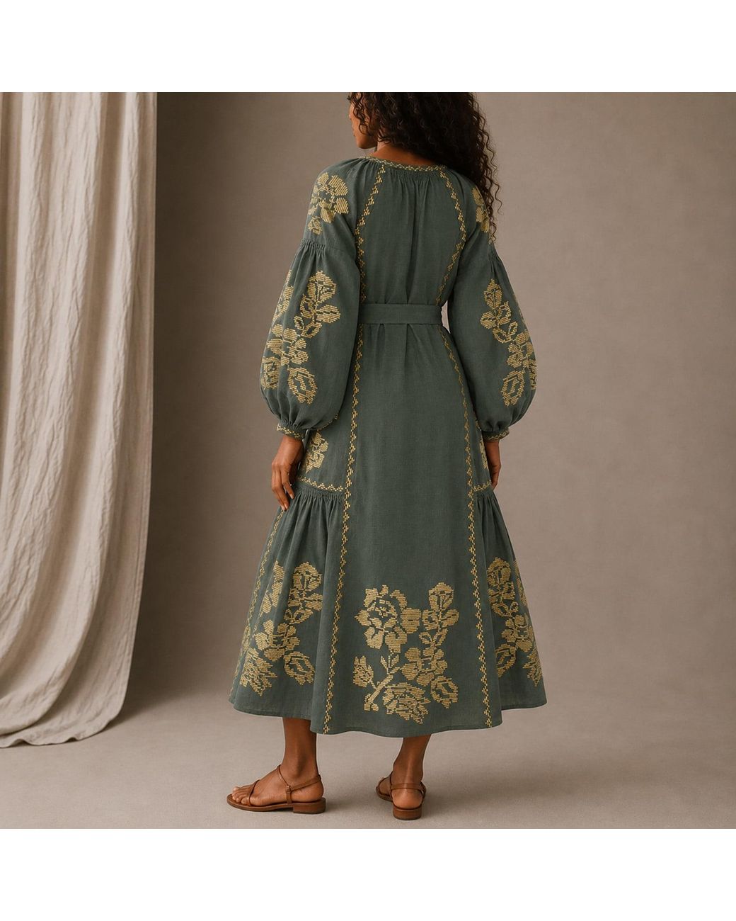 Annabo Green Elysian Garden Linen Midi Dress