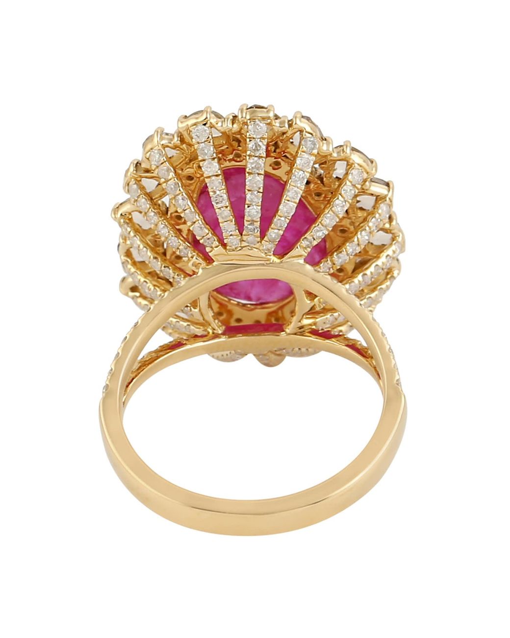 Artisan Pink 18K Oval Ruby Ring With Ice Diamond Halo & Split Shank