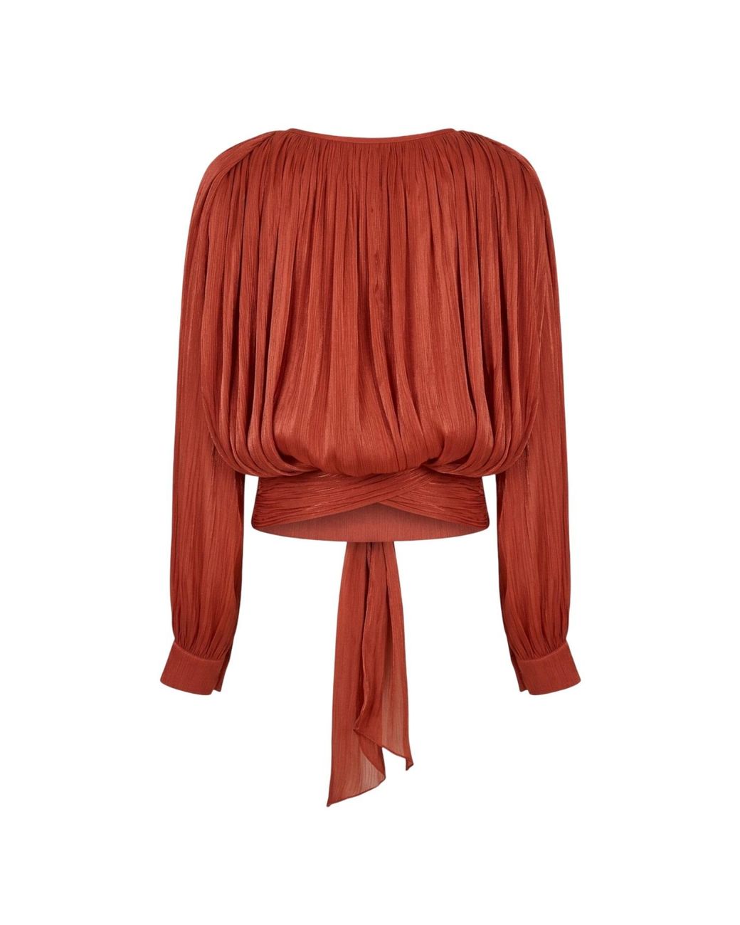Modenaire Brown Gathered Tie-Neck Blouse With Blouson Silhouette And Waist Tie