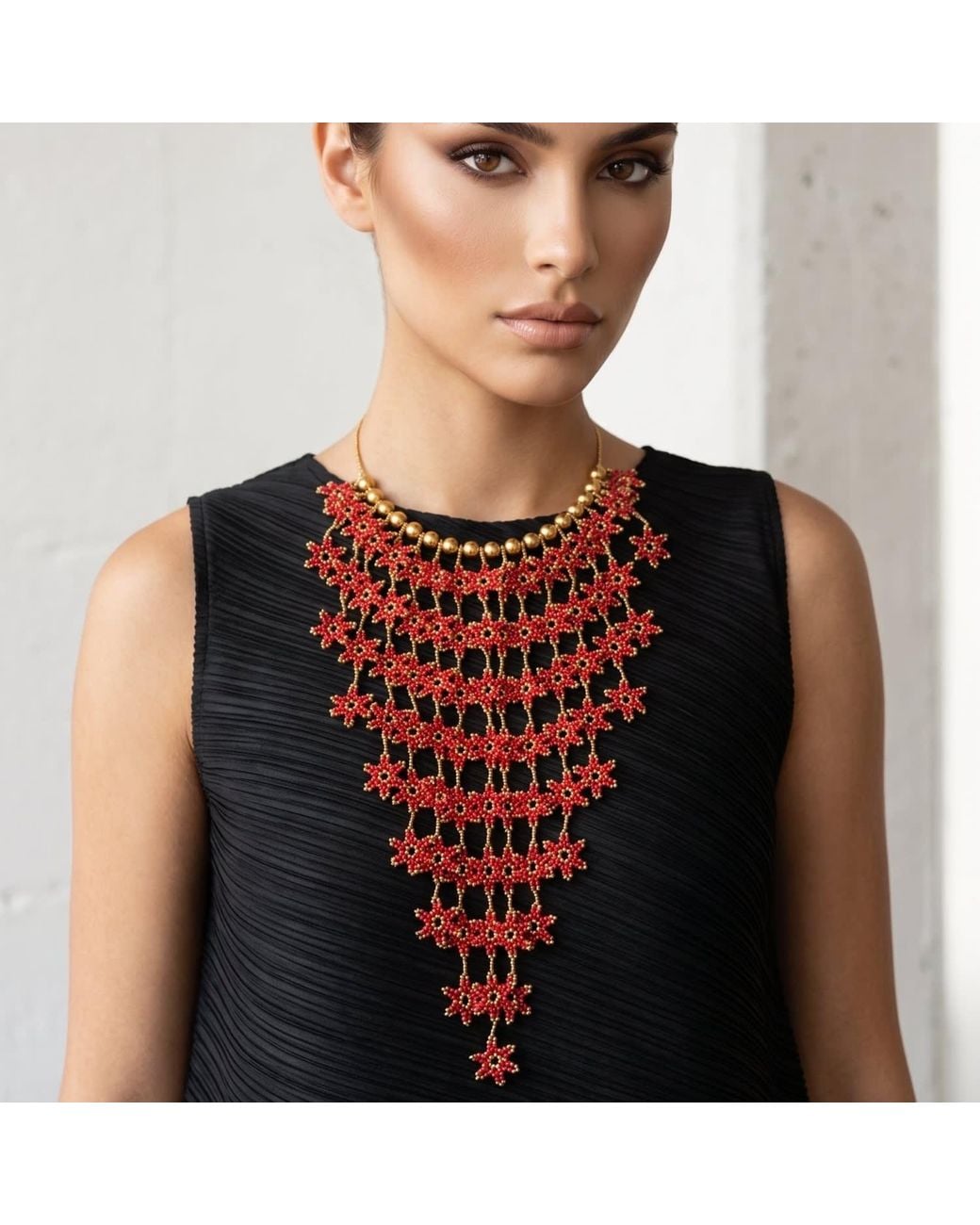 Iliana Arrazola Red Waterfall Blossom Necklaces, Glass Beads, Beaded Jewelry