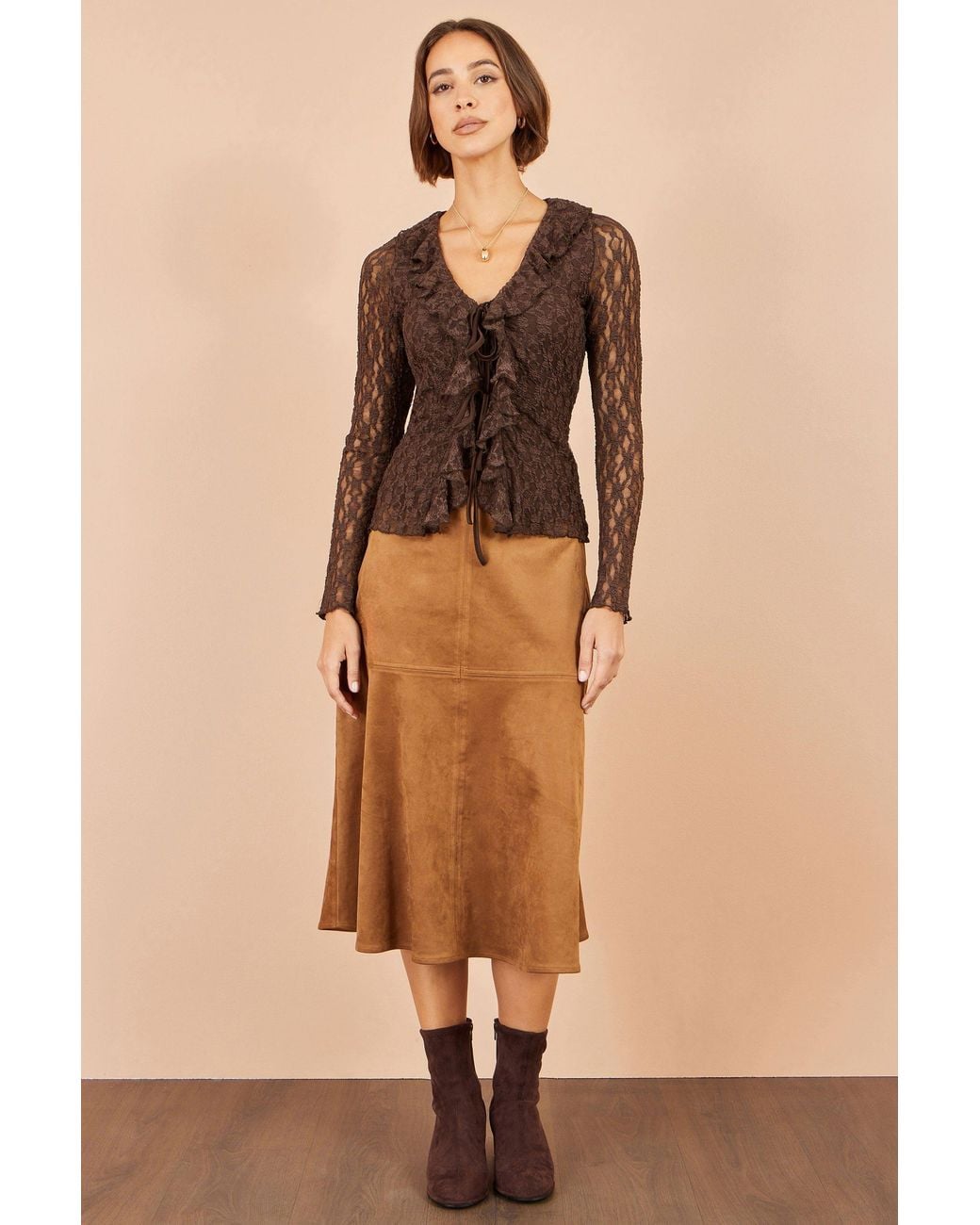 Yumi' Brown Ruffle Lace Top