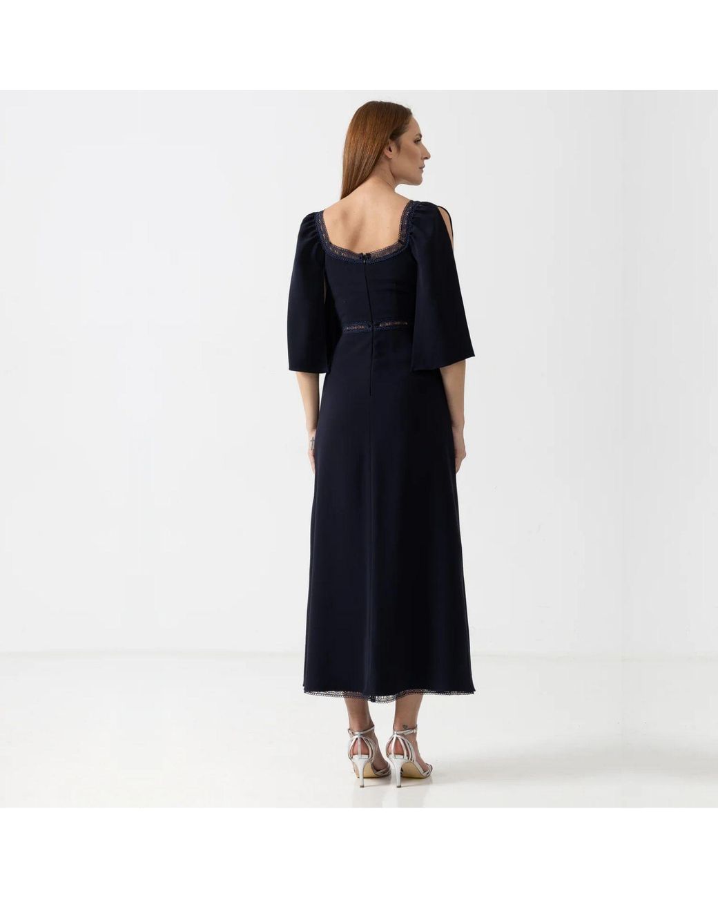 IZABELA MANDOIU Black Elegant Midi Dress With Lace Details And Cape Sleeves